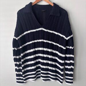 Talbots Johnny Collar Sweater SZ M Breton Striped Knit Navy White Preppy Coastal